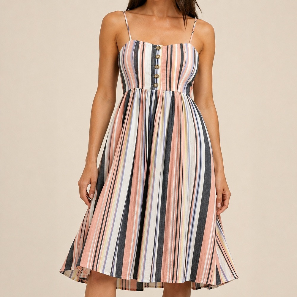 Free People Striped Midi Dress Peach Navy Blue Button‎ Front Smocked Back XS